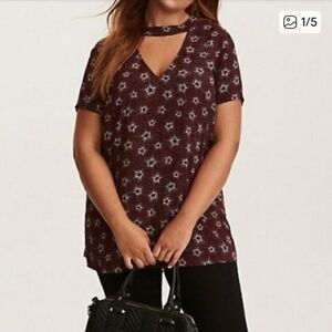 Torrid | V-Neck Star Print Blouse Burgandy White Size 0X